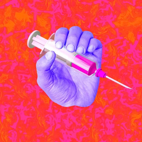 Samtida Minimalt Konstkonceptkollage Handhållen Injektion Pandemin Tillbaka Vaccination Andra Delen — Stockfoto