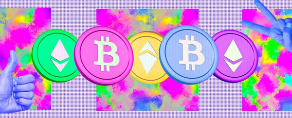 当代最低限度的拼贴艺术 数字货币概念 Bitcoin和Ethereum 加密货币Crypto Money 密码钱包Crypto Wallets 成功的拖曳 — 图库照片