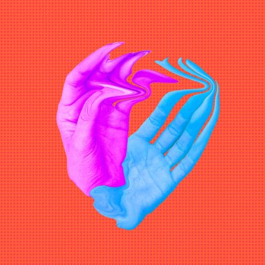 Çağdaş minimum sanat kolajı. Turuncu arka planda eller başkalaşım soyutlaması