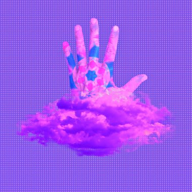 Çağdaş minimum sanat kolajı. Gerçeküstü soyutlama mandala el ve gökyüzü bulutları. Özerklik, psikoloji, meditasyon konsepti