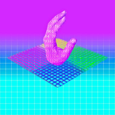 Çağdaş minimum sanat kolajı. Hacker Hand 'in dijital buhar dalgası matrisi uzayı.