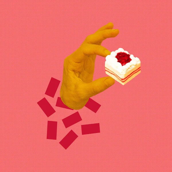 Contemporary minimal art collage  Hand holds cake. Calories, diet, food concept