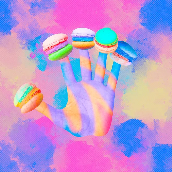 Contemporary minimal art collage Hand and macaroon in abstract vanilla space.  Calories, diet, sweet food concept