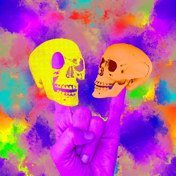 Collage Contemporáneo Arte Mínimo Calaveras Mano Espacio Abstracto Multicolor Concepto — Foto de Stock