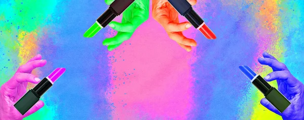 Colagem Arte Mínima Contemporânea Mãos Diferentes Tons Batom Maquiagem Vendas — Fotografia de Stock