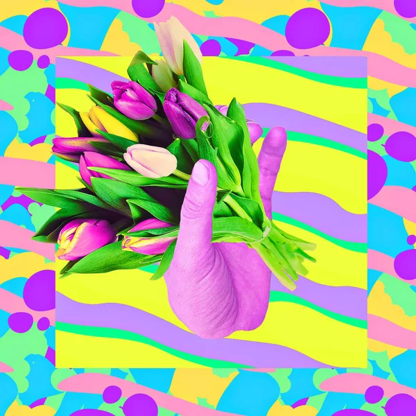 Kortárs Minimális Művészeti Kollázs Kéz Csokor Tulipán Gratulálok Nemzetközi Nőnap — Stock Fotó