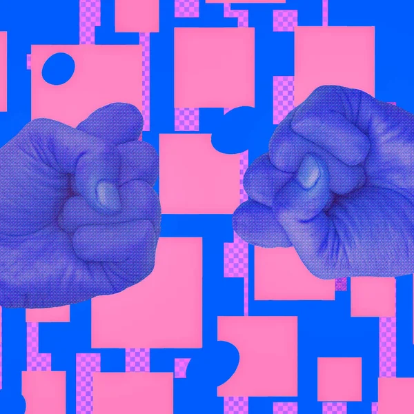 Contemporary minimal art collage. Two fists. Rivals,competitors,Aggression, bulling concept