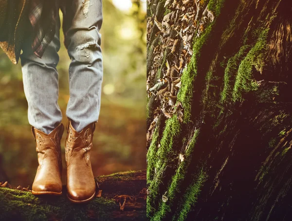 Höstens cowboy stil. cowboy stövlar i skogen — Stockfoto