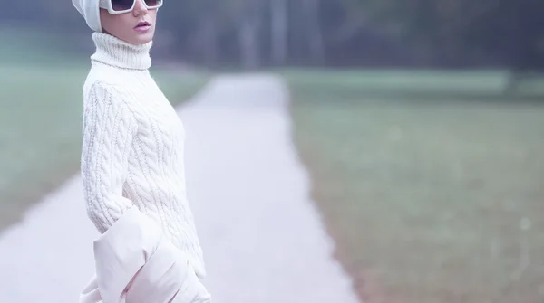 Portré elegáns hölgy fehér elbűvölő ruhákat. őszi-téli fa — Stock Fotó