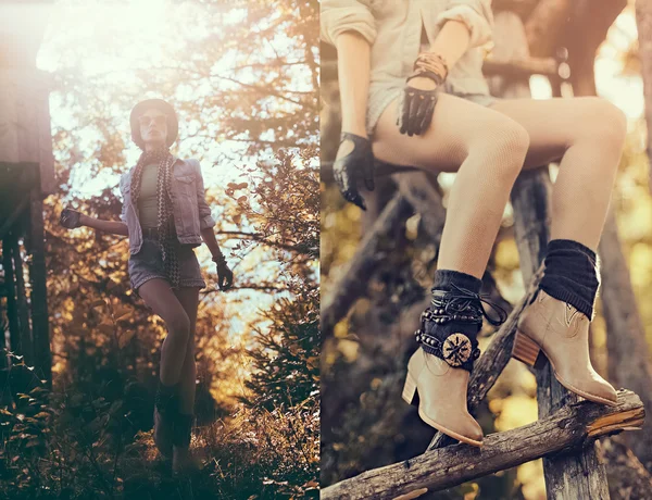 Modelka portrét v podzimním lese. Country Style přístup — Stock fotografie