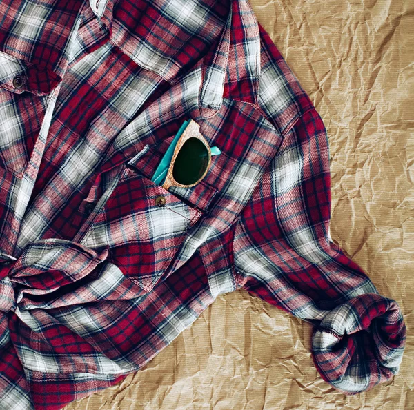 Sunglasses in Pocket of Plaid Shirt — Stock Photo, Image