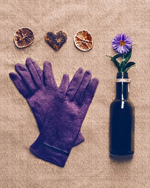 Women's gloves with souvenirs on canvas romantic autumn style — Stock Photo, Image