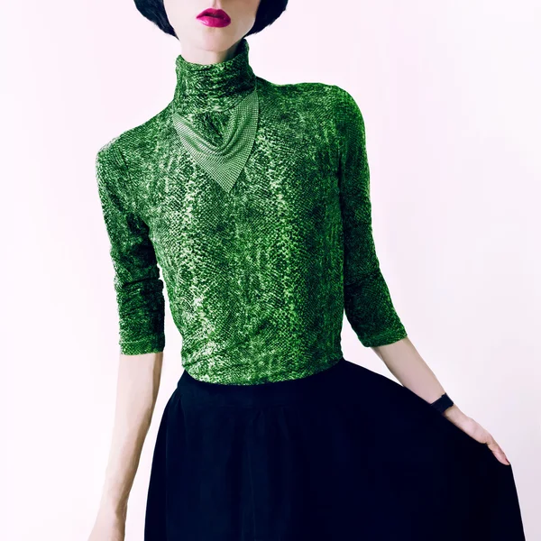 Glamorous brunette woman in fashionable blouse with snake print — Stock Photo, Image