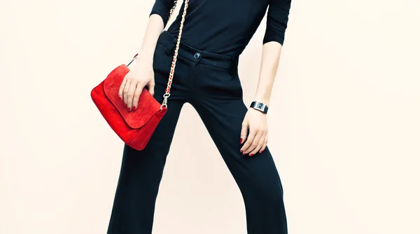 Beautiful blond model classic black style with red fashionable c — Stock Photo, Image