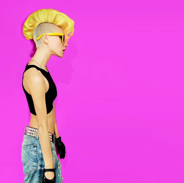 Disco punk Girl on pink background. fashionable hairstyle — Stock Photo, Image