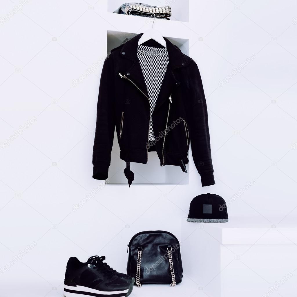 Trend style. Fashionable Clothing. Black combination of things. 