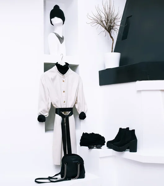 Manteaux et accessoires pour femmes à la mode dans un intérieur blanc. B — Photo