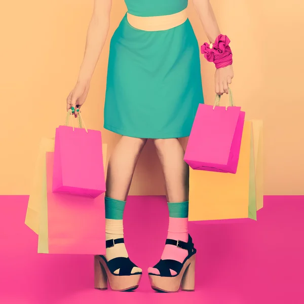 Fashion funny lady with shopping. time sales and discounts — Stock Photo, Image
