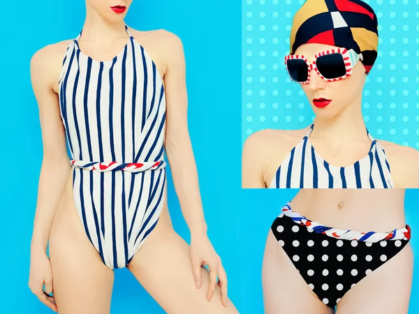 Summer Set. Marine style swimsuit. Summer fashion accessories. S — Stock Photo, Image