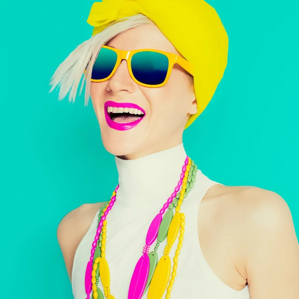 Happy summer girl in trendy bright accessories on blue backgroun — Stock Photo, Image