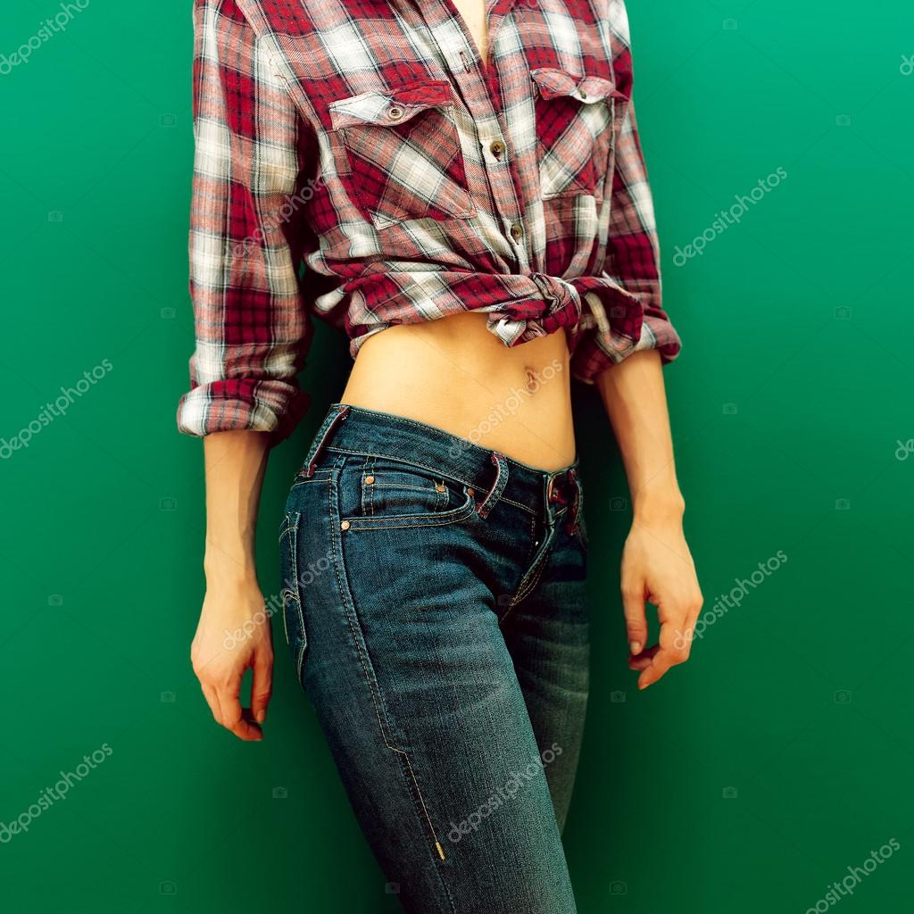 blue jeans checkered shirt