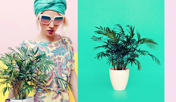 Dame med blomst i trendy sommerkjole. Strand stil tyrkisk cuc - Stock-foto