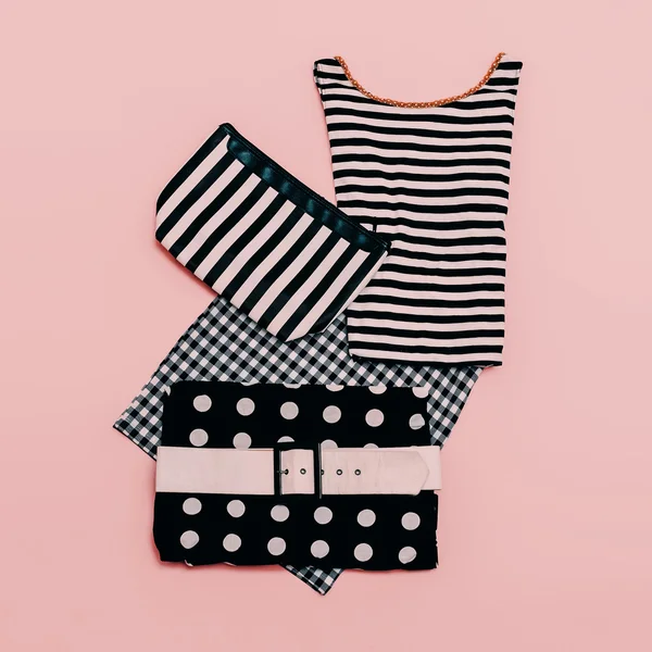 Lady clothing set. Fashionable prints.  polka dots, stripes and — Stock Photo, Image
