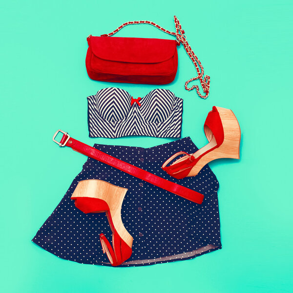 Marine fashion style. Set clothes lady. Stylish accessories & Sh