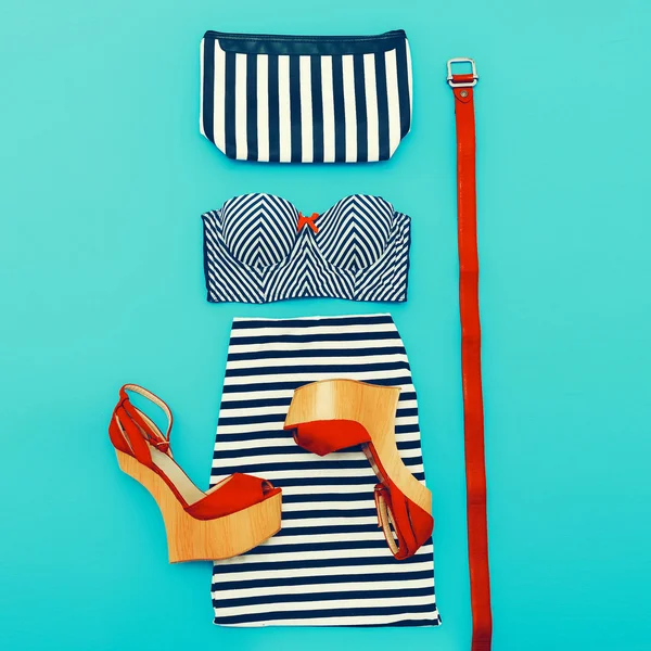 Marine fashion style. Set clothes lady on blue background. Styli — Stock Photo, Image