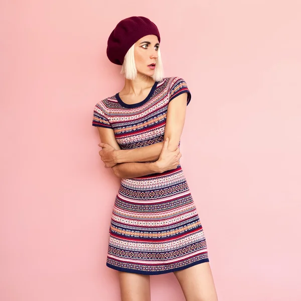 Romantic French style. Stylish girl in a beret and dress burgund — Stock Photo, Image