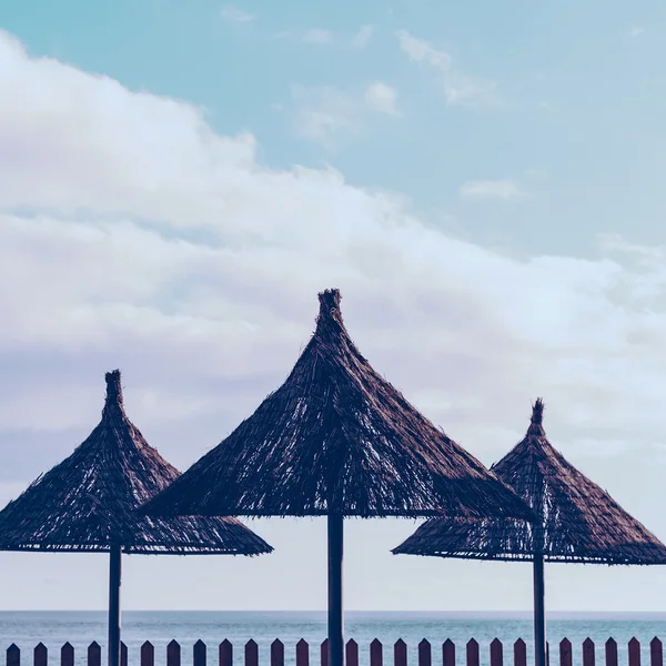 Plaj şemsiyeleri okyanus üzerinde sandalye — Stok fotoğraf