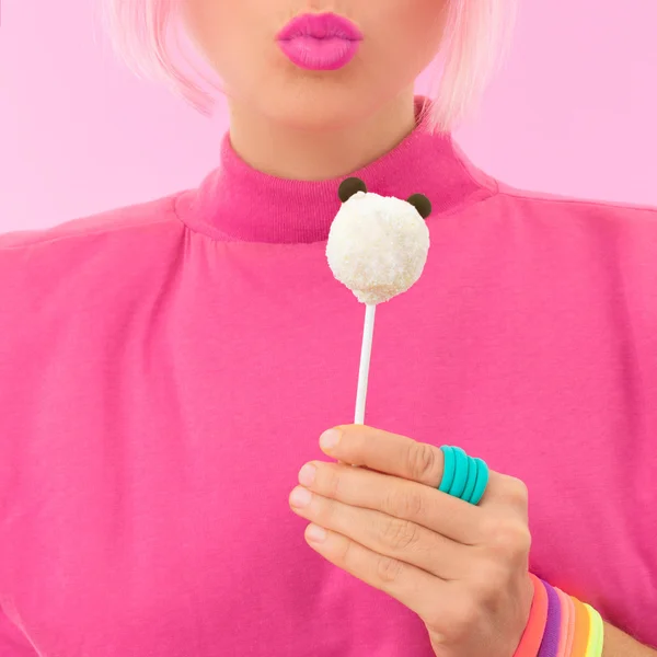 Girl with stylish Panda Lolipop Vanilla color — Stock Photo, Image