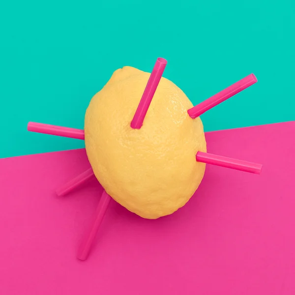 Lemon and plastic tubes. Minimalism fashion style — Stock Photo, Image