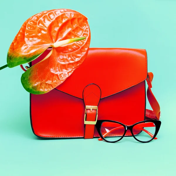 スタイリッシュなレディース サングラス ・ ハンドバッグ。赤に焦点を当てる. — ストック写真