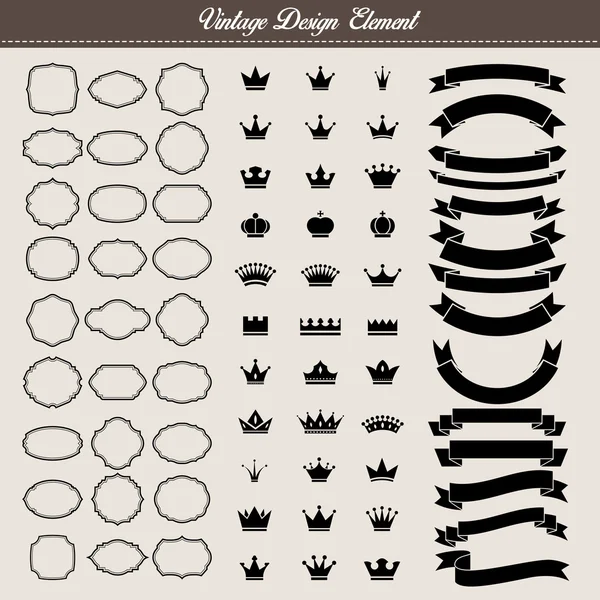 Set of Vintage element, blank vintage frame,crown and ribbon. — Stock Vector