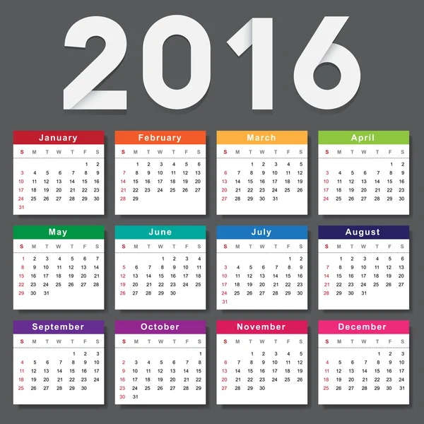 2016 年日历。周从星期日开始 — 图库矢量图片