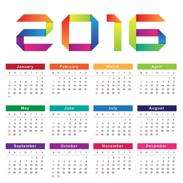 2016 年日历。周从星期日开始 — 图库矢量图片