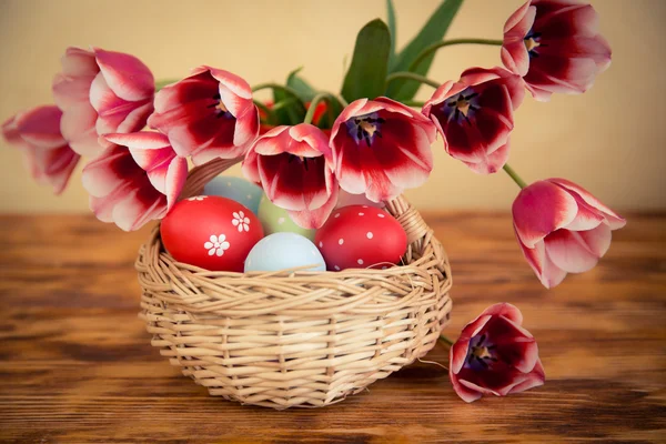 Easter eggs on wooden table — Stock Photo, Image