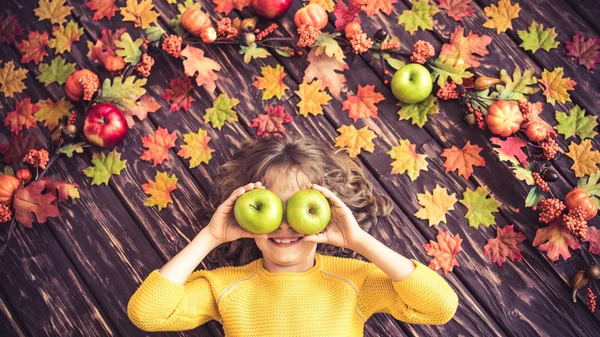 Niño acostado en hojas de otoño — Foto de Stock