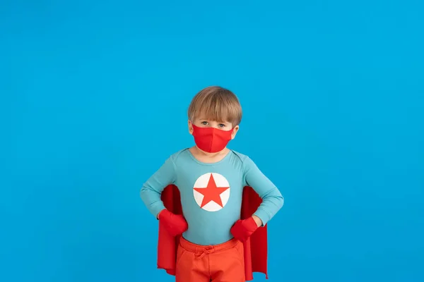 Superhero Child Playing Indoor Portrait Super Hero Kid Blue Paper — Stock Photo, Image