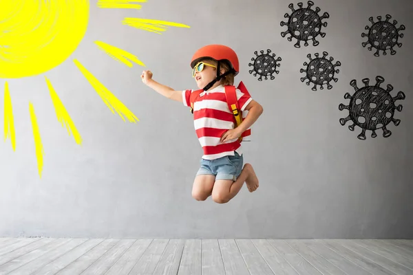 Child Rocket Jumping Grey Concrete Background Kid Playing Home Coronavirus — Stock Photo, Image