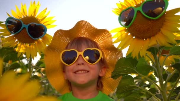 Glückliches Kind Das Spaß Frühlingsfeld Der Sonnenblumen Hat Lustiges Kind — Stockvideo
