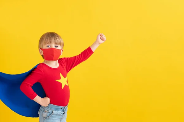 Superhero Child Playing Indoor Portrait Super Hero Kid Yellow Paper — Stock Photo, Image