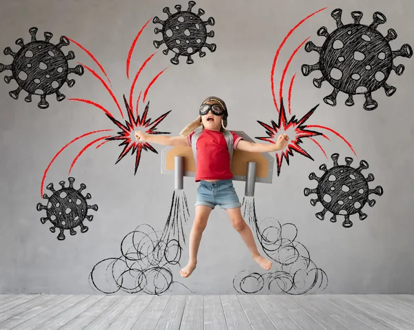 Enfant Avec Jetpack Sautant Sur Fond Béton Gris Coronavirus Covid — Photo