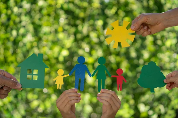 Family Holding Eco House Hands Spring Green Background Real Estate — Stock Photo, Image