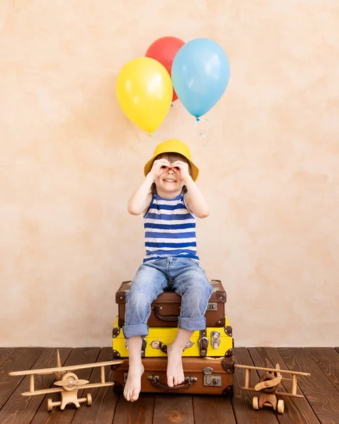 Child Pretend Traveller Kid Having Fun Home Summer Vacation Travel — Stock Photo, Image