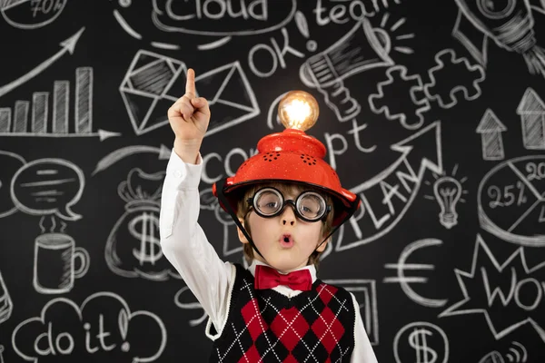 Smart Child Pretend Businessmen Funny Kid Wearing Helmet Lightbulb Education — Stock Photo, Image