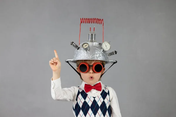 Smart Child Pretend Businessmen Funny Kid Wearing Helmet Lightbulb Education — Stock Photo, Image