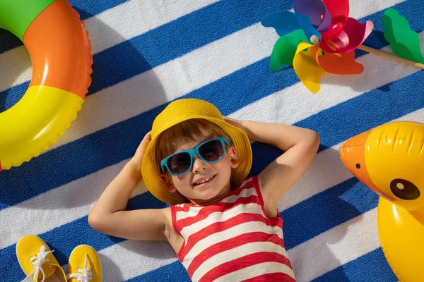 Happy Child Lying Striped Towel Outdoor Top View Portrait Kid — Stock Photo, Image