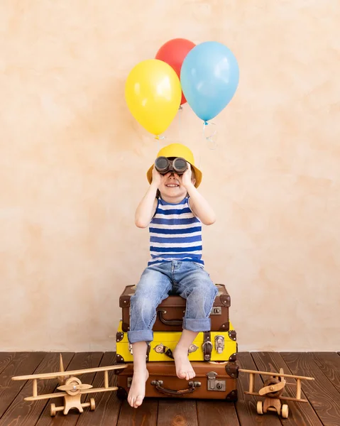 Child Pretend Traveller Kid Having Fun Home Summer Vacation Travel — Stock Photo, Image